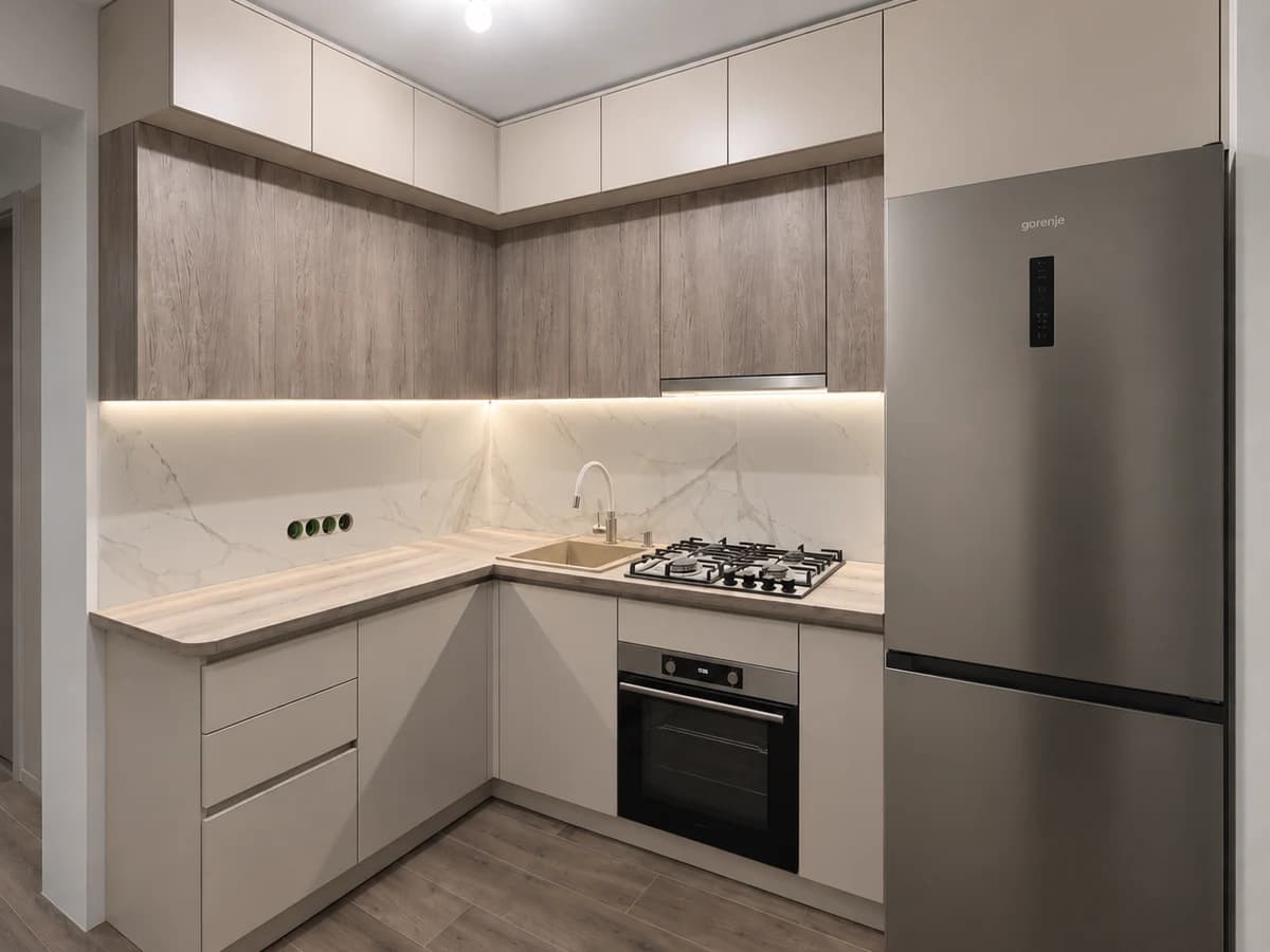 Сучасна кутова кухня з дворівневою системою зберігання — 4HOME